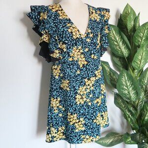 ZARA Basic Floral Ruffle Sleeve Mini Dress Blue Yellow Medium